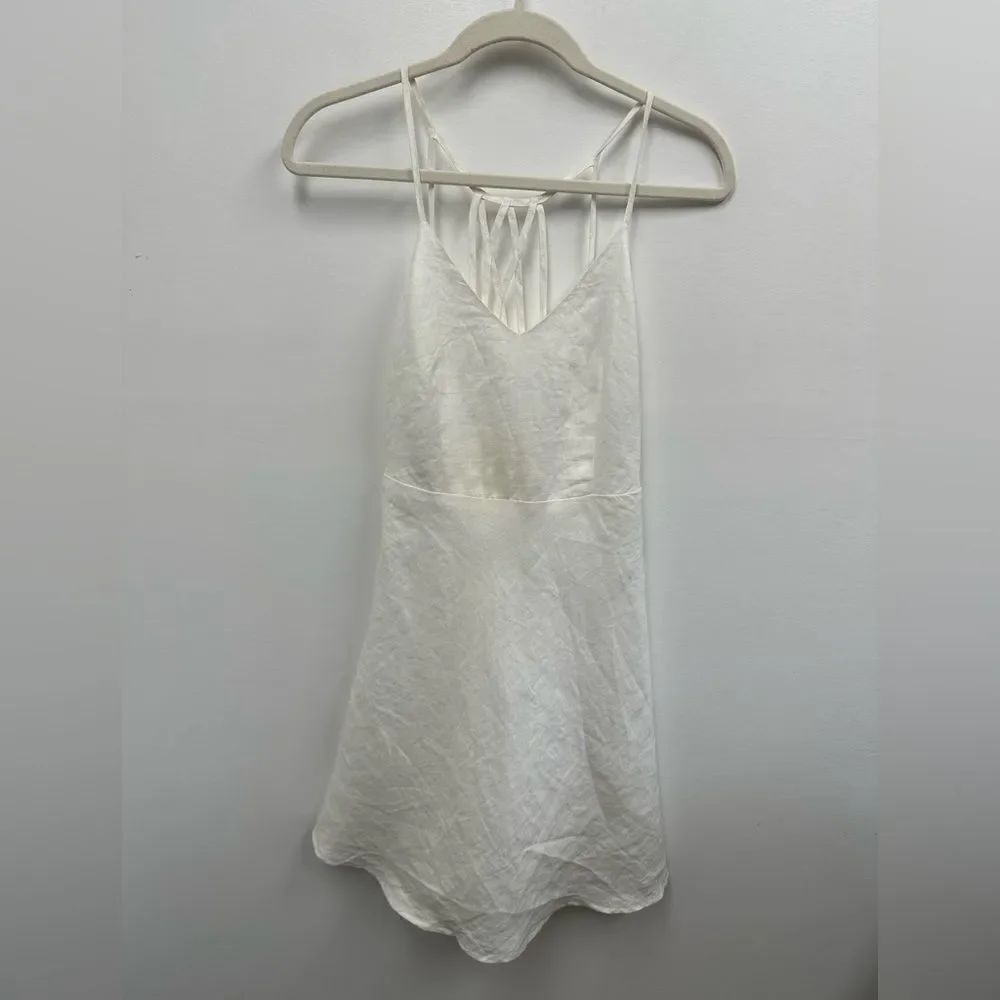 Azulu White Linen Open back Cross Strappy Back Mini Dress A-line Skirt Size 2 - Picture 6 of 12